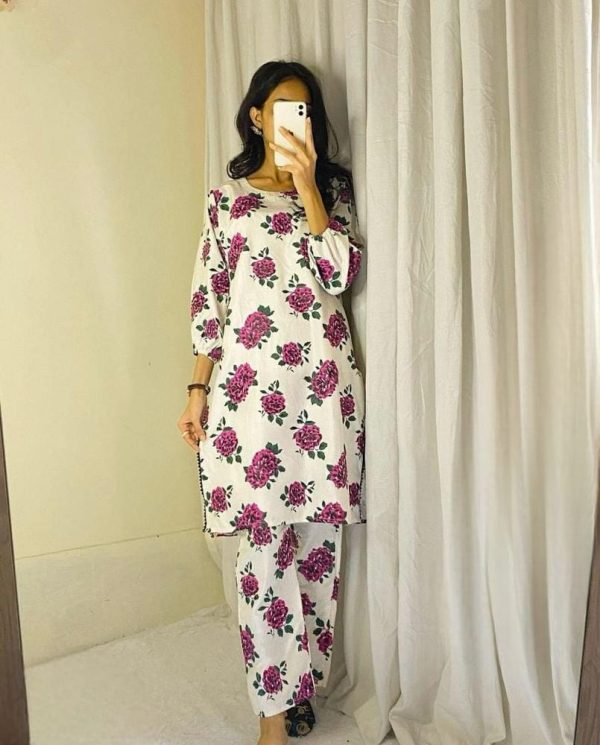 2 Pcs Womens Stitched Linen Printed Suit - Image 5